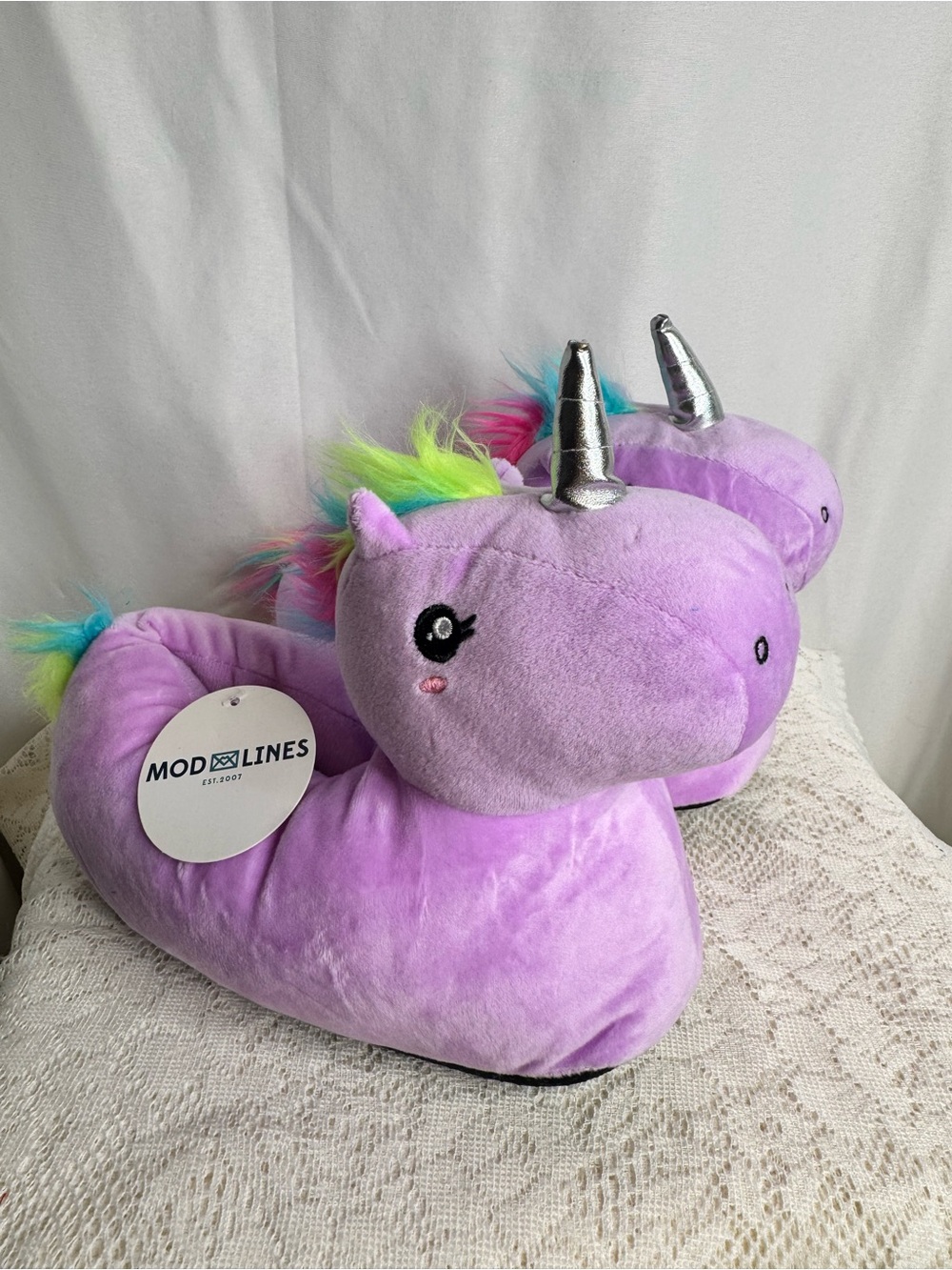 Mod Lines Unicorn Plush Slippers Purple Rainbow Mane Women’s Size 7.5-9 NWT